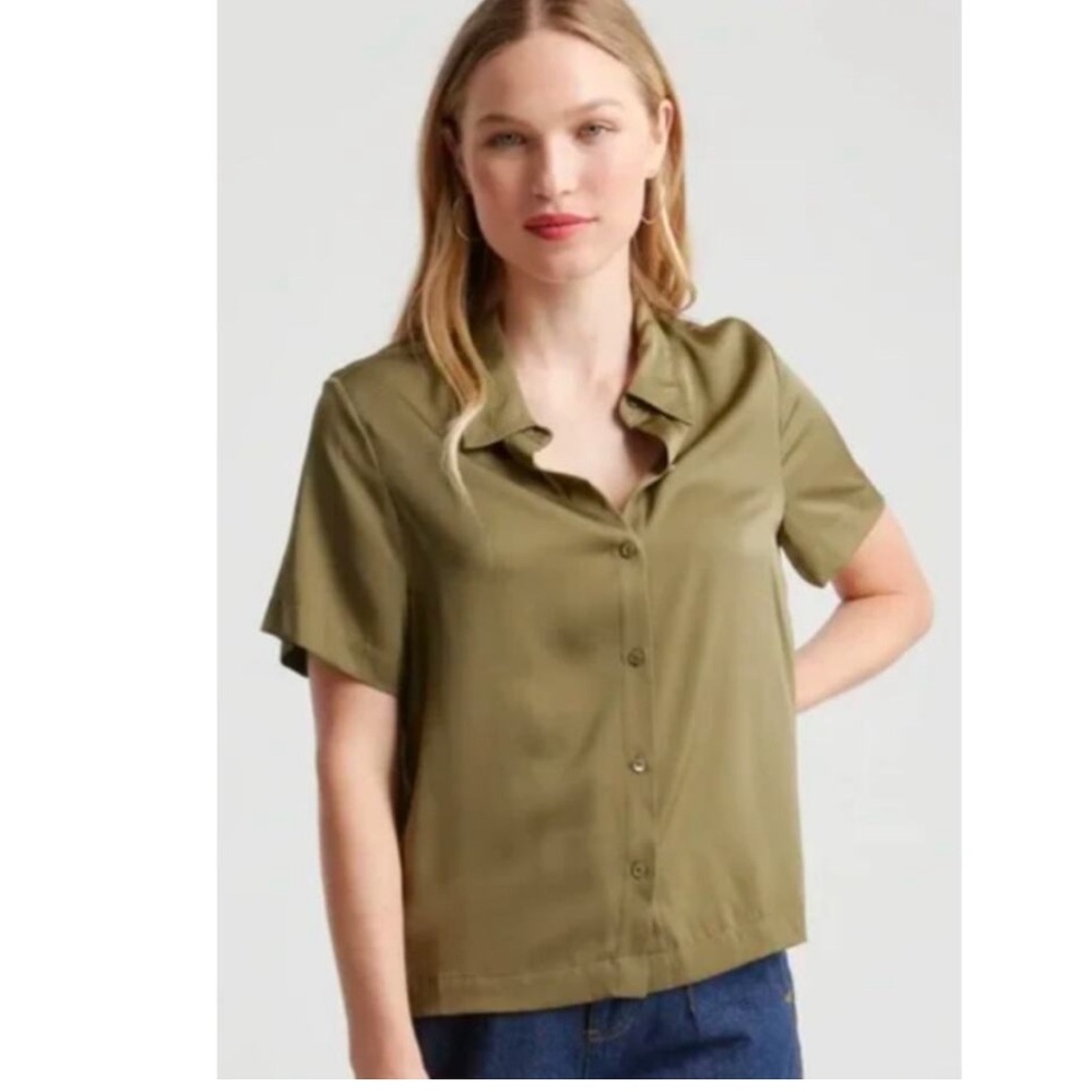 Quince Washable Stretch Silk Short Sleeve Blouse Olive Green Size Medium